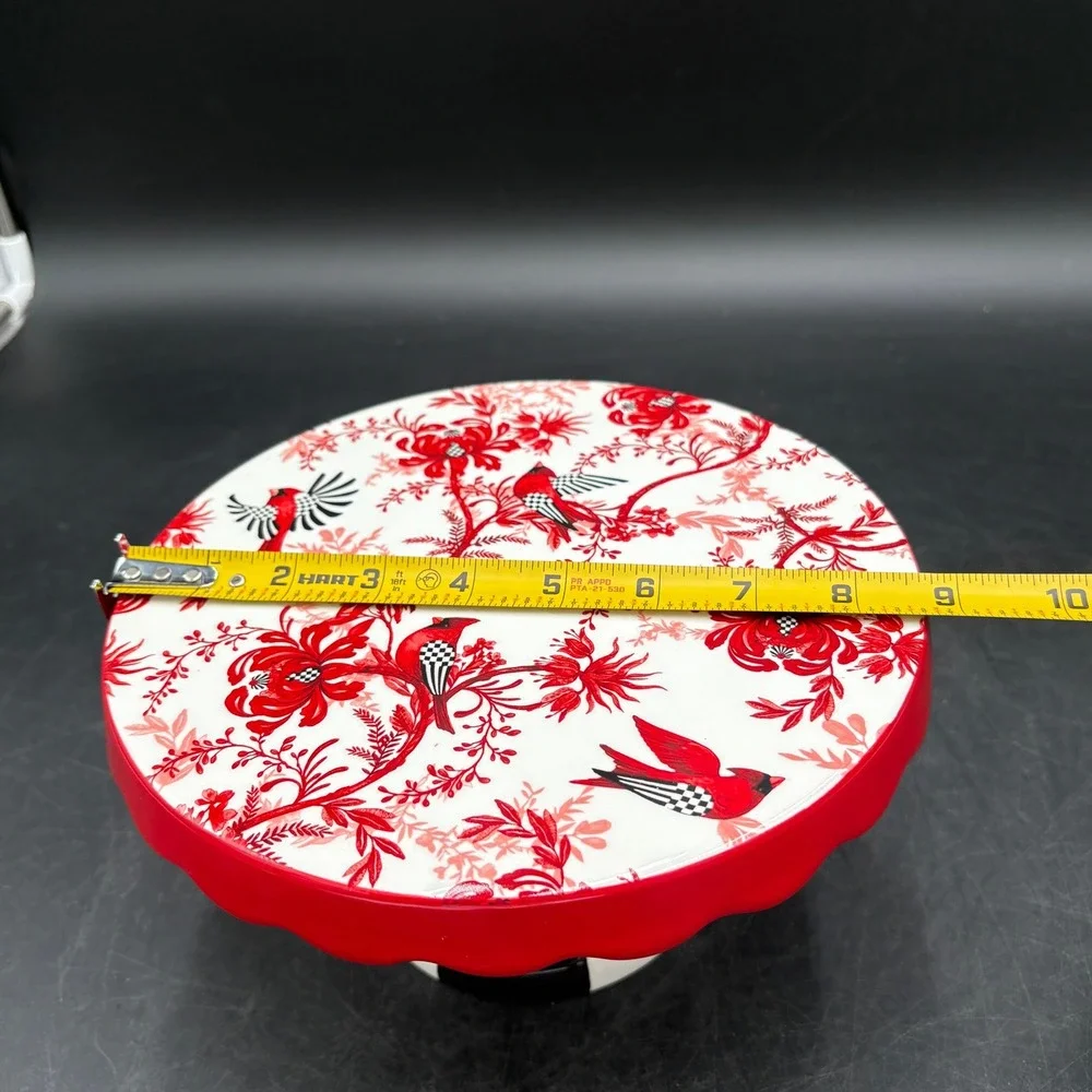 MacKenzie-Childs Cardinal Floral Cake Stand Courtly Check Base Red White Black